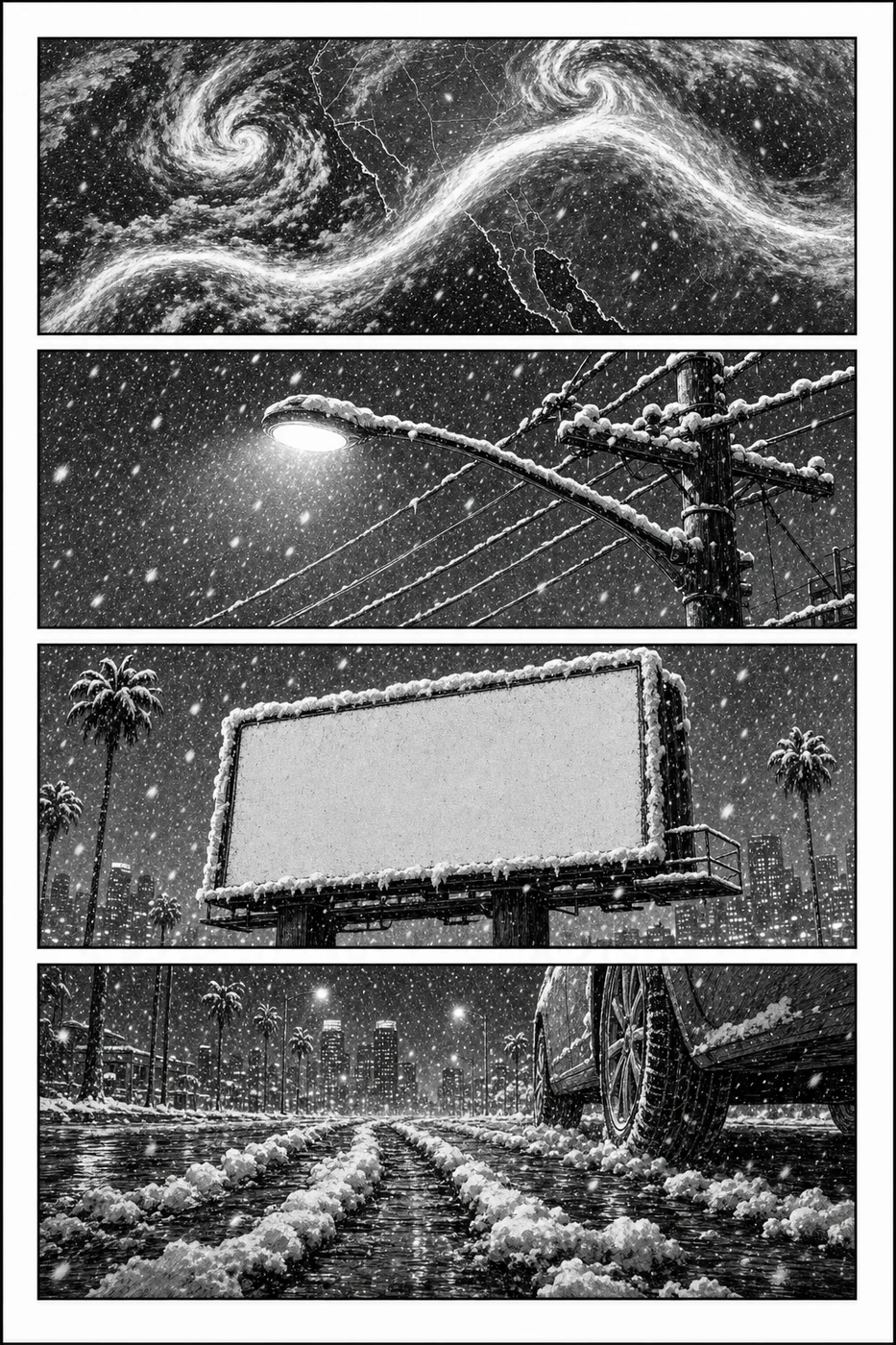 Black and white manga panels with cosmic snow