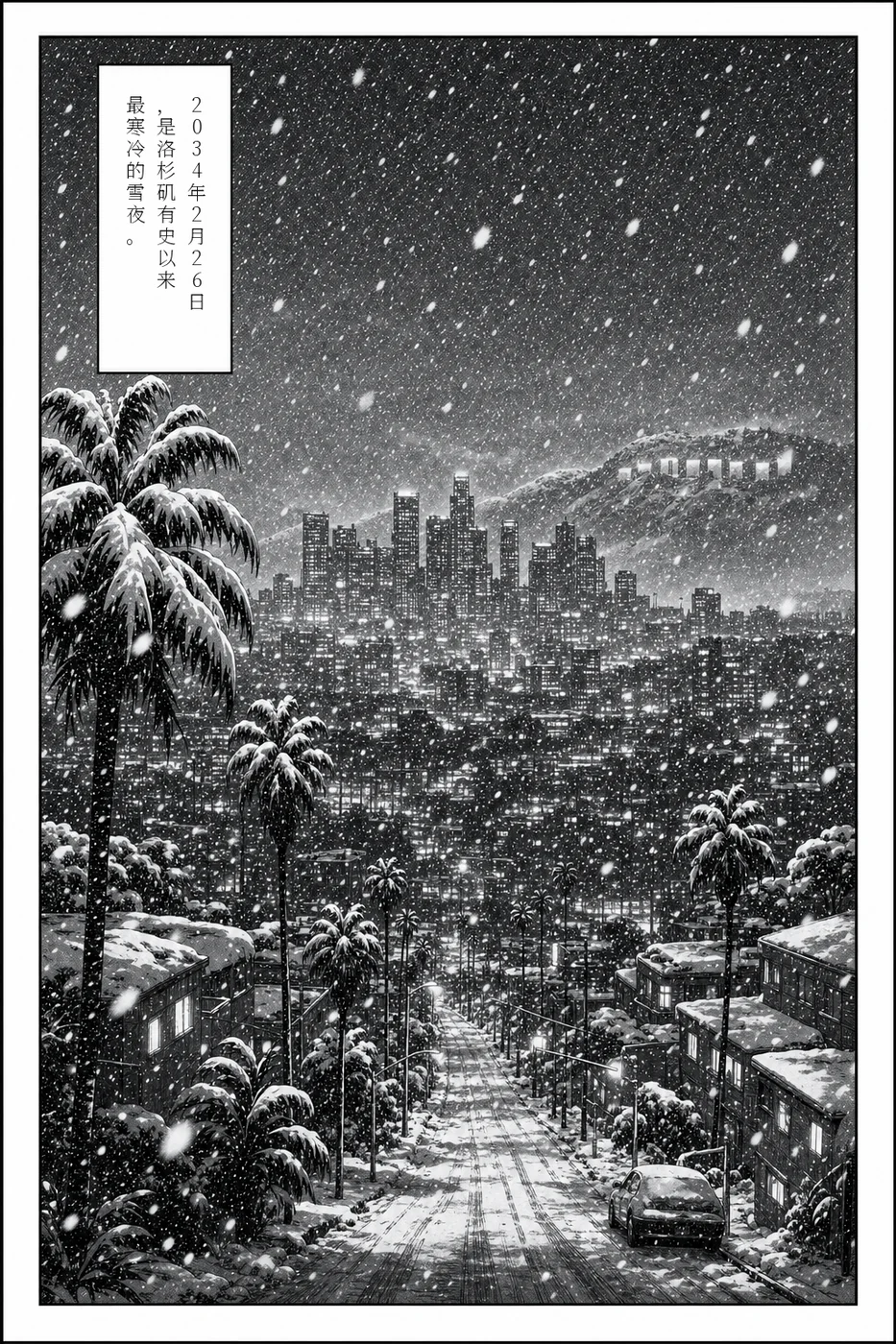 Black and white manga city in impossible snow